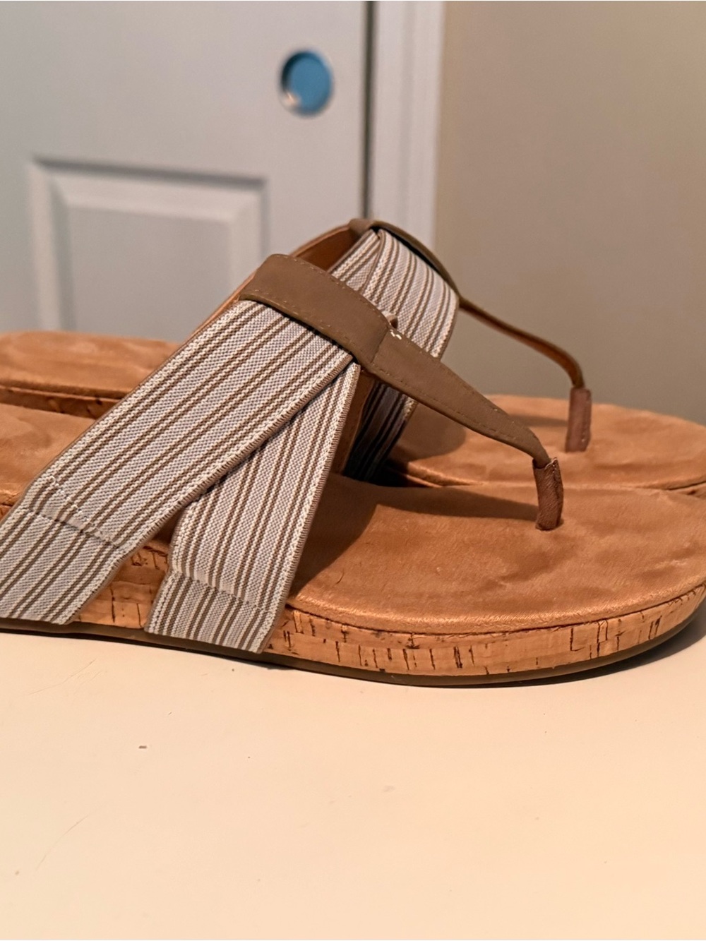 Market & Spruce Tan Cork-Platform Thong Sandals with Striped Fabric Straps